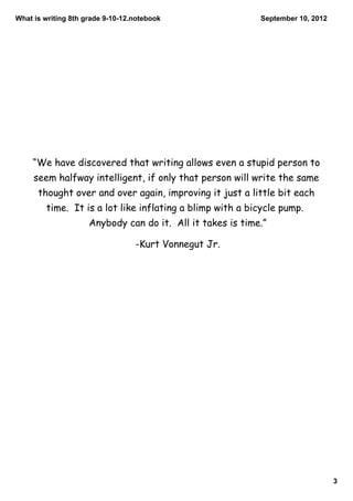 Whatiswriting8thgrade9­10­12.notebook                  September10,2012




     “We have discovered that writing allows even a stupid person to
     seem halfway intelligent, if only that person will write the same
      thought over and over again, improving it just a little bit each
        time. It is a lot like inflating a blimp with a bicycle pump.
                     Anybody can do it. All it takes is time.”

                                  -Kurt Vonnegut Jr.




                                                                                 3
 