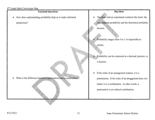 8 th Grade Math Curriculum
                                  Essential Questions                                                 Big Ideas

     •   How does understanding probability help us to make informed        •                 trial an experiment conducts the closer the

         predictions?                                                                            probability and the theoretical probabily




                                                                                               ranges from 0 to 1 or impossible to




                                                                                               can be expressed as a decimal, percent, or

                                                                                a fraction.




                                                                            •   If the order of an arrangement matters, it is a

     •   What is the difference                                                 permutation. If the order of an arraggement does not

                                                                                matter it is a combination. In other words, a

                                                                                permutation is an ordered combination.




8113/2012                                                              33                     Isaac Elementary School District
 