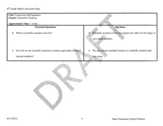 8 th Grade Math Curriculum Map

 Unit: Expression and Equations
 Cluster: Scientific Notation

               Time: 1 week
                         Essential Questions

    •   What is scientific notation used for?                                                express the value of very large or




    •   How do we use scientific notation to express equivalent   1O~~;t,       standard notation to scientific notation and

        rational numbers?




8/13/2012                                                                   9      Isaac Elementary School District
 