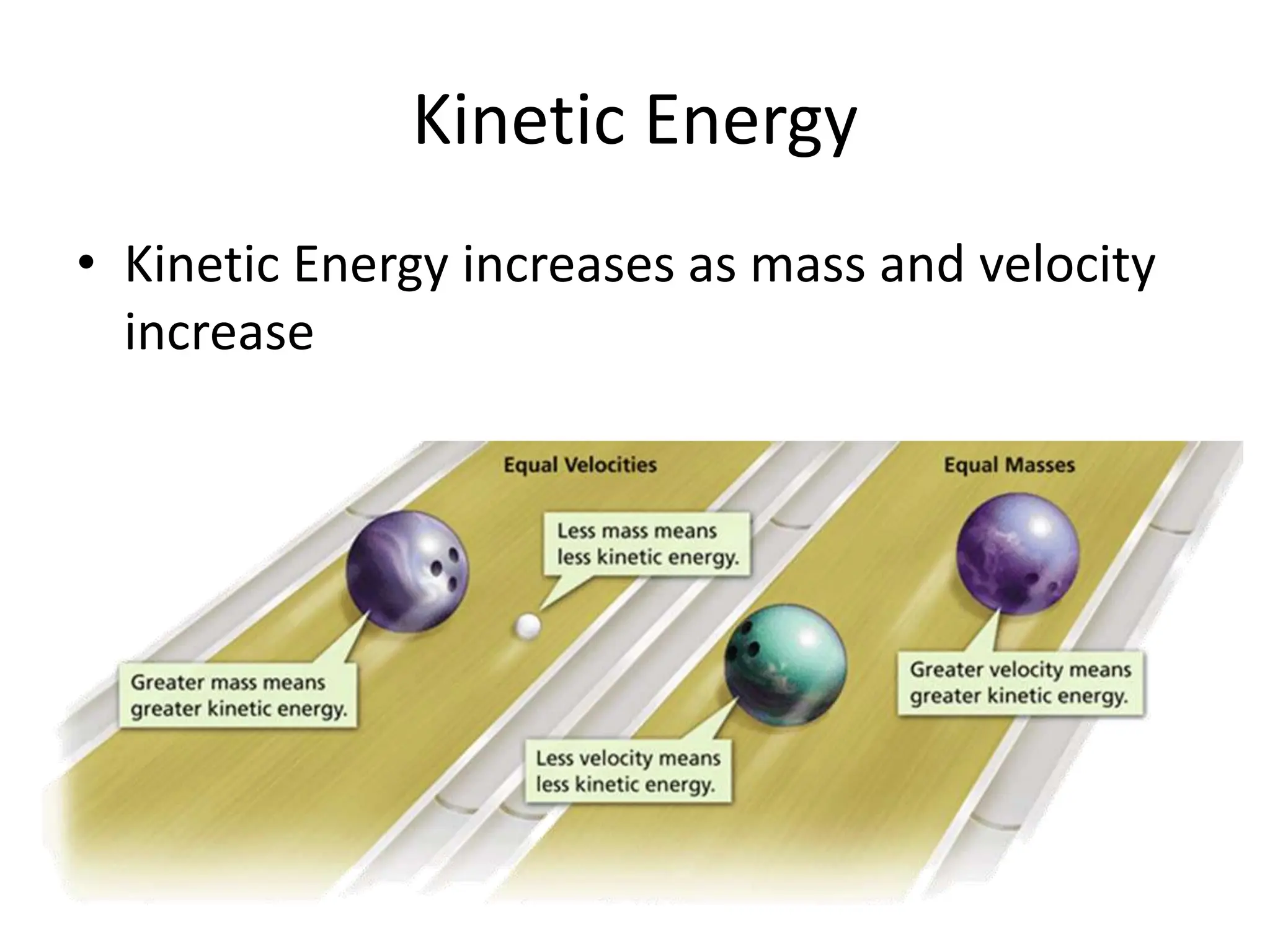 Kinetic Energy
• Kinetic Energy increases as mass and velocity
increase
 