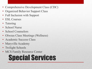 Special Services
• Comprehensive Development Class (CDC)
• Organized Behavior Support Class
• Full Inclusion with Support
• ESL Courses
• Tutoring
• School Nurse
• School Counselors
• Olweus Class Meetings (Wellness)
• Academic Success Class
• Maryville Academy
• Twilight Schools
• MCS Family Resource Center
 