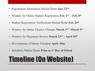 Timeline (On Website)
• Registration Information Mailed Home Jan. 22nd.
• Window for Online Student Registration Feb. 1st – Feb. 8th
• Student Registration Verifications Mailed Home Feb. 26th
• Window for Online Elective Changes March 3rd –March 9th
• Window for Placement Review March 23rd – April 10th
• Development of Master Schedule April -May
• Schedules Mailed Home Prior to 1st Day of School
 
