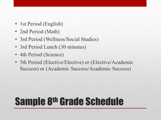 Sample 8th Grade Schedule
• 1st Period (English)
• 2nd Period (Math)
• 3rd Period (Wellness/Social Studies)
• 3rd Period Lunch (30 minutes)
• 4th Period (Science)
• 5th Period (Elective/Elective) or (Elective/Academic
Success) or (Academic Success/Academic Success)
 