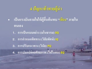 4 ปัญหาท้ าทายผู้นา
• เป็ นแรงบันดาลใจให้ ผ้ ูอื่นค้ นพบ “เสี ยง” ภายใน
ตนเอง
1.
2.
3.
4.

การเป็ นแบบอย่ าง (มโนธรรม) SQ
การกาหนดทิศทาง (วิสัยทัศน์ ) IQ
การปรับแนวทาง (วินัย) PQ
การปลดปล่ อยศักยภาพ (ไฟในตน) EQ

 