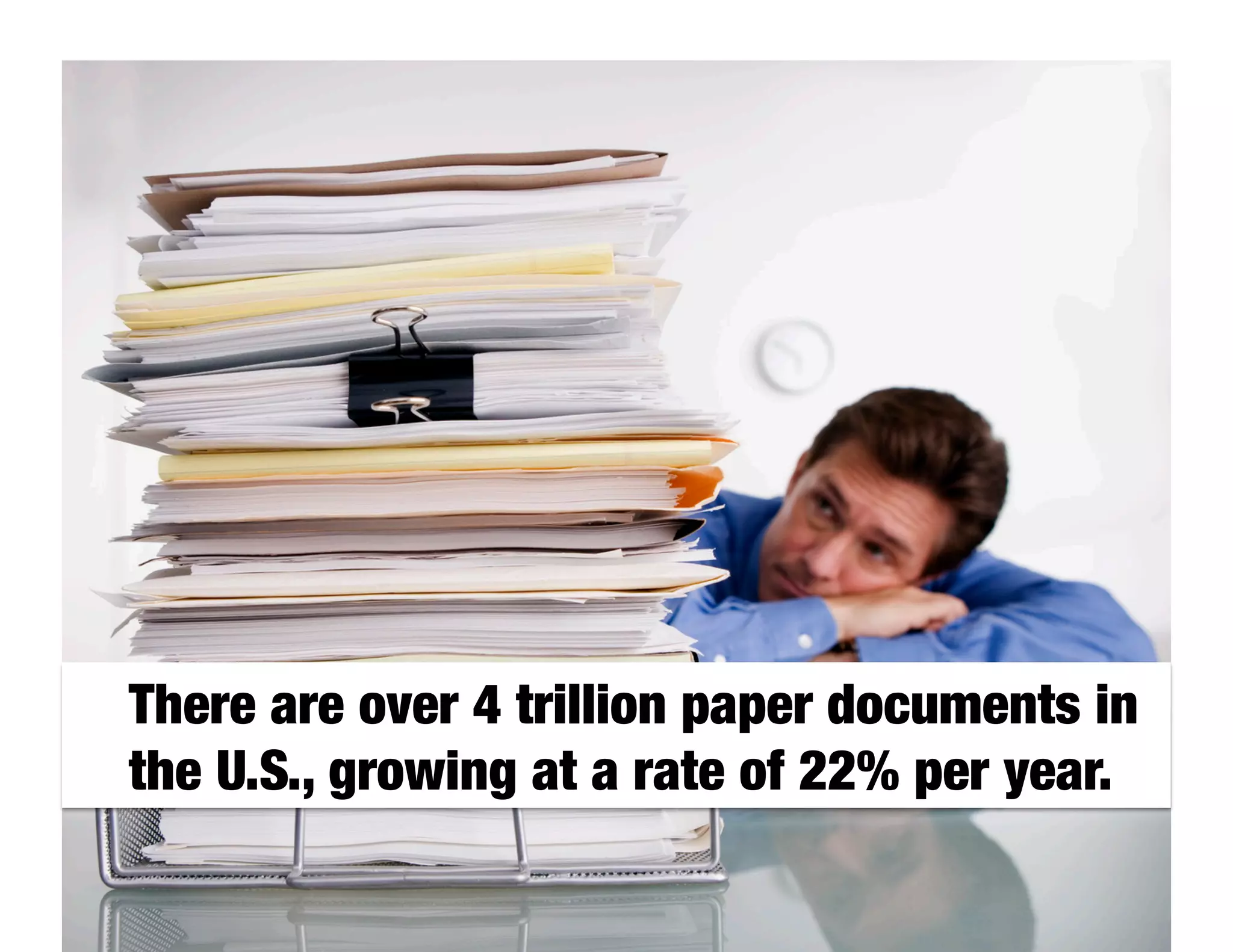 There are over 4 trillion paper documents in
the U.S., growing at a rate of 22% per year.
 