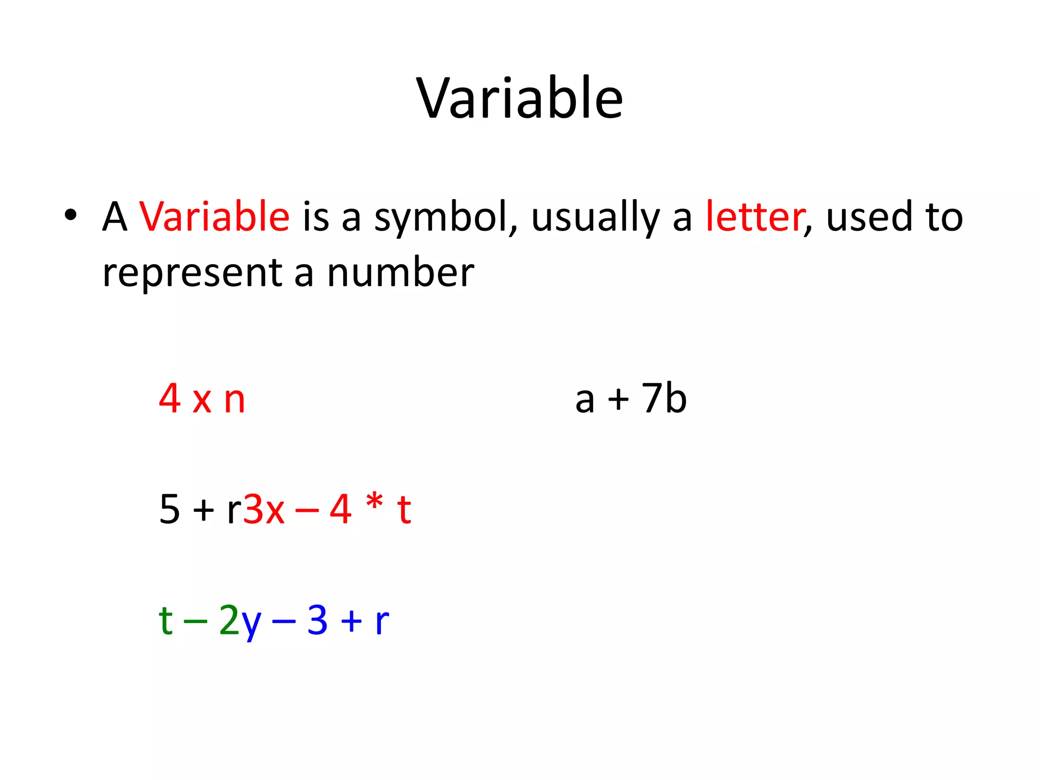 VariableA Variable is a symbol, usually a letter, used to represent a number4 x n a + 7b5 + r3x – 4 * tt – 2y – 3 + r