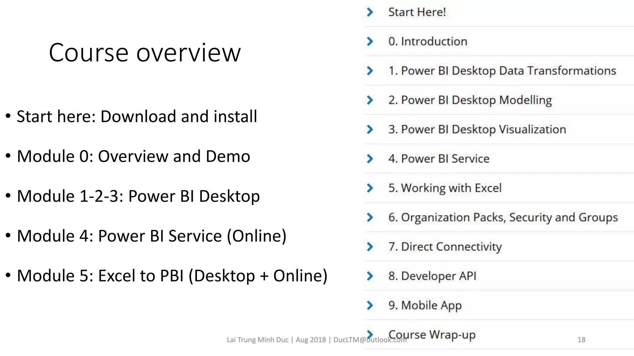 Course overview
• Start here: Download and install
• Module 0: Overview and Demo
• Module 1-2-3: Power BI Desktop
• Module 4: Power BI Service (Online)
• Module 5: Excel to PBI (Desktop + Online)
Lai Trung Minh Duc | Aug 2018 | DucLTM@outlook.com 18
 