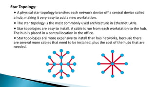 Star Topology:
∙ A physical star topology branches each network device off a central device called
a hub, making it very easy to add a new workstation.
∙ The star topology is the most commonly used architecture in Ethernet LANs.
∙ Star topologies are easy to install. A cable is run from each workstation to the hub.
The hub is placed in a central location in the office.
∙ Star topologies are more expensive to install than bus networks, because there
are several more cables that need to be installed, plus the cost of the hubs that are
needed.
 
