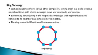 Ring Topology:
∙ Each computer connects to two other computers, joining them in a circle creating
a unidirectional path where messages move workstation to workstation.
∙ Each entity participating in the ring reads a message, then regenerates it and
hands it to its neighbor on a different network cable.
∙ The ring makes it difficult to add new computers.
Ring Topology
 