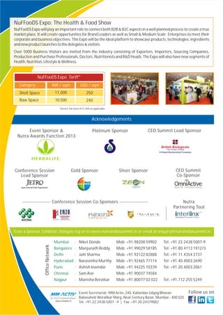 NuFFooDS Expo: The Health & Food Show
NuFFooDS Expo will play an important role to connect both B2B & B2C aspects in a well planned process to create a true
market place. It will create opportunities for Brand Leaders as well as Small & Medium Scale Enterprises to meet their
corporate and business objectives. This Expo will be the ideal platform to showcase products, technologies, ingredients
and new product launches to the delegates & visitors.
Over 5000 Business Visitors are invited from the industry consisting of Exporters, Importers, Sourcing Companies,
Production and Purchase Professionals, Doctors, Nutritionists and R&D Heads. The Expo will also have new segments of
Health, Nutrition, Lifestyle & Wellness.


              NuFFooDS Expo Tariff*
   Category                         INR / sqm                   USD / sqm
   Shell Space                         11,000                        250
   Raw Space                           10,500                        240
                                           *
                                               Service Tax extra @12.36% as applicable



                                                                          Acknowledgements

        Event Sponsor &                                                    Platinum Sponsor              CEO Summit Lead Sponsor
  Nutra Awards Function 2013




Conference Session                                      Gold Sponsor                      Silver Sponsor                CEO Summit
  Lead Sponsor                                                                                                          Co-Sponsor




                                    Conference Session Co-Sponsors                                                         Nutra
                                                                                                                      Partnering Tool
                                                                                                                        nterl nx
                                                                                                                                                        beta



                                                                                                                       Multiplying the power of ideas




To be a Sponsor, Exhibitor, Delegate log on to www.nutraindiasummit.in or email at enquiry@nutraindiasummit.in

                                      Mumbai               : Niket Donde                 Mob: +91.98208 59902    Tel: +91.22.2438 5007-9
                  Office Network




                                      Bangalore : Manjunath Reddy                        Mob: +91.99029 58185    Tel: +91.80.4113 1912/3
                                      Delhi                : Juhi Sharma                 Mob: +91.92122 82888    Tel: +91.11.4354 2737
                                      Hyderabad : Narasimha Murthy                       Mob: +91.92465 77114    Tel: +91.40.4003 2690
                                      Pune                 : Ashish Inamdar              Mob: +91.94225 10339    Tel: +91.20.4003 2061
                                      Chennai              : Sam Asir                    Mob: +91.90037 74584
                                      Nagpur               : Manisha Boratkar            Mob: +91.80077 02 022   Tel: +91.712.255 5249


                                                               Event Secretariat: MM Activ, 240, Kaliandas Udyog Bhavan                Follow us on
                                   Sci-Tech Communications     Babasaheb Woralikar Marg, Near Century Bazar, Mumbai - 400 025
                                       www.mmactiv.in
                                                               Tel: +91.22.2438.5007 - 9 | Fax: +91.20.24379882
 