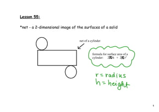Lesson 55:

*net - a 2-dimensional image of the surfaces of a solid


                                 net of a cylinder



                                           formula for surface area of a 
                                           cylinder: 2   rh   +  2    r2




                                                                            1
 
