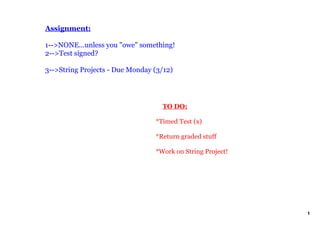 Assignment:
1>NONE...unless you "owe" something!
2>Test signed?
3>String Projects Due Monday (3/12)
TO DO:
*Timed Test (x)
*Return graded stuff
*Work on String Project!
1