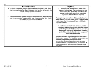 8th
                                Essential Questions                                                         Big Ideas
        Suppose two people want to marry and have children but both know                  Recessive traits are not always visible in an
         that there is a history Tay-Sachs Disease in their families. Why might the         organism’s phenotype. They can be carriers of a
                             couple undergo genetic counseling?                              recessive trait that should they reproduce with
                                                                                              another carrier could result in the phenotypic
                                                                                                 expression of the trait in the offspring.
       Suppose a chemical plant is unsafely dumping industrial chemical waste
         into the community. You do not live near this community. Why should          The couple may want to know if they are both carriers
                        you still be very concerned about this?                       of the recessive Tay-Sach’s allele. If this is the case there
                                                                                      is a ¼ chance that the couple will have a child with
                                                                                      Tay-Sach’s Disease.

                                                                                           Industrial chemical waste can cause genetic
                                                                                          mutations. Genetic mutations in any given species
                                                                                          can be dangerous to the balance of an ecosystem.
                                                                                          Additionally, they can be dangerous to the entire
                                                                                          species if the mutation is unfavorable and passed
                                                                                                        on to other generations.

                                                                                       Everyone should be concerned with practices such as
                                                                                      this for many reasons. First of all, the contaminants can
                                                                                      enter the water system and spread to other
                                                                                      communities. Second, the contaminants can cause
                                                                                      genetic mutations in organisms in the environment. If
                                                                                      mutations occur this will negatively affect the whole
                                                                                      ecosystem.




8/13/2012                                                               19                          Isaac Elementary School District
 