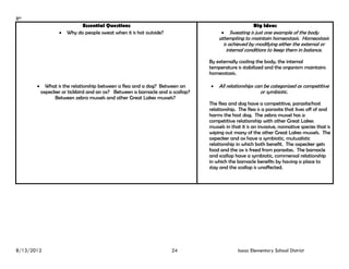 8th
                         Essential Questions                                                      Big Ideas
                 Why do people sweat when it is hot outside?                     Sweating is just one example of the body
                                                                                 attempting to maintain homeostasis. Homeostasis
                                                                                   is achieved by modifying either the external or
                                                                                     internal conditions to keep them in balance.

                                                                             By externally cooling the body, the internal
                                                                             temperature is stabilized and the organism maintains
                                                                             homeostasis.

        What is the relationship between a flea and a dog? Between an       All relationships can be categorized as competitive
         oxpecker or tickbird and an ox? Between a barnacle and a scallop?                            or symbiotic.
               Between zebra mussels and other Great Lakes mussels?
                                                                             The flea and dog have a competitive, parasite/host
                                                                             relationship. The flea is a parasite that lives off of and
                                                                             harms the host dog. The zebra mussel has a
                                                                             competitive relationship with other Great Lakes
                                                                             mussels in that it is an invasive, nonnative species that is
                                                                             wiping out many of the other Great Lakes mussels. The
                                                                             oxpecker and ox have a symbiotic, mutualistic
                                                                             relationship in which both benefit. The oxpecker gets
                                                                             food and the ox is freed from parasites. The barnacle
                                                                             and scallop have a symbiotic, commensal relationship
                                                                             in which the barnacle benefits by having a place to
                                                                             stay and the scallop is unaffected.




8/13/2012                                                        24                        Isaac Elementary School District
 