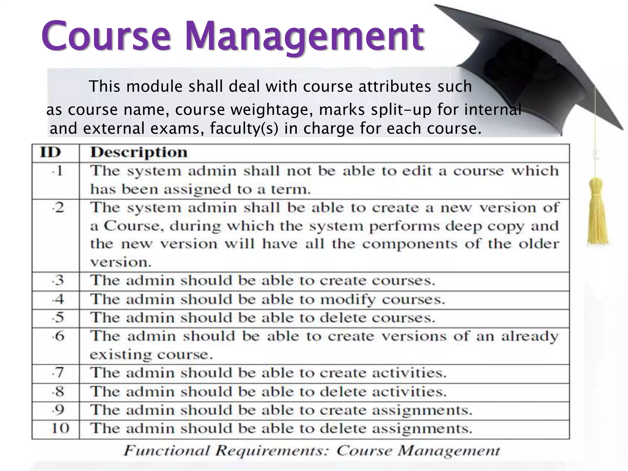 Course Management
This module shall deal with course attributes such
as course name, course weightage, marks split-up for internal
and external exams, faculty(s) in charge for each course.
 