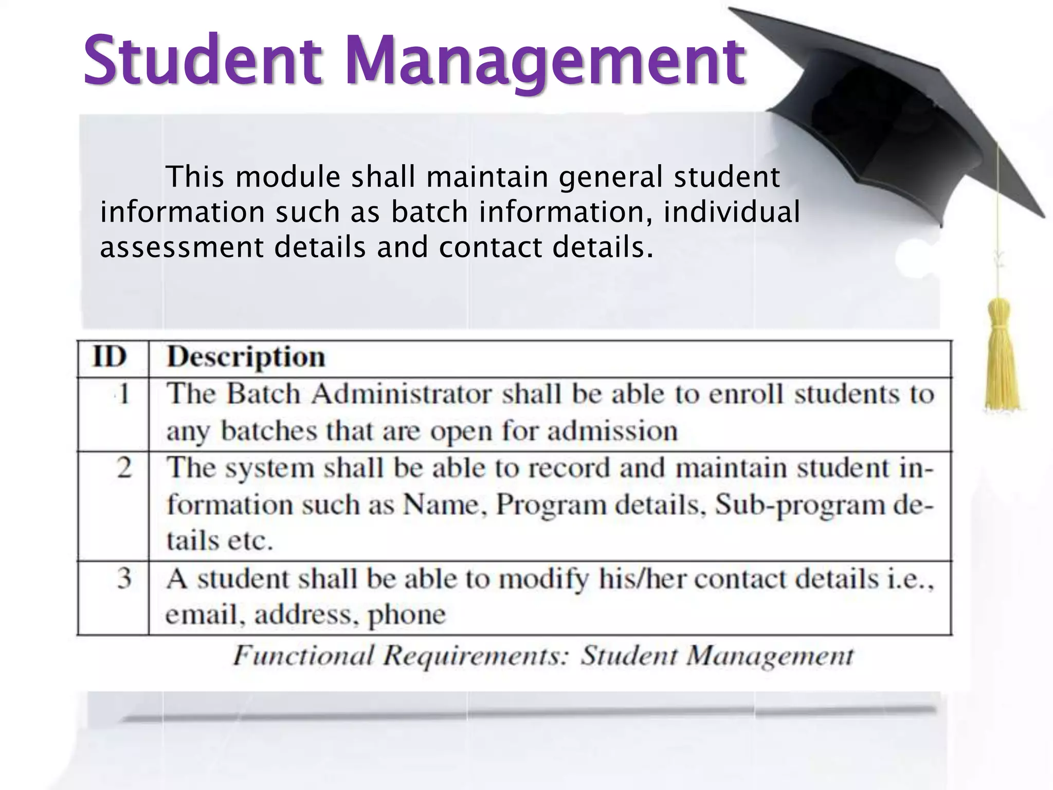 Student Management
This module shall maintain general student
information such as batch information, individual
assessment details and contact details.
 