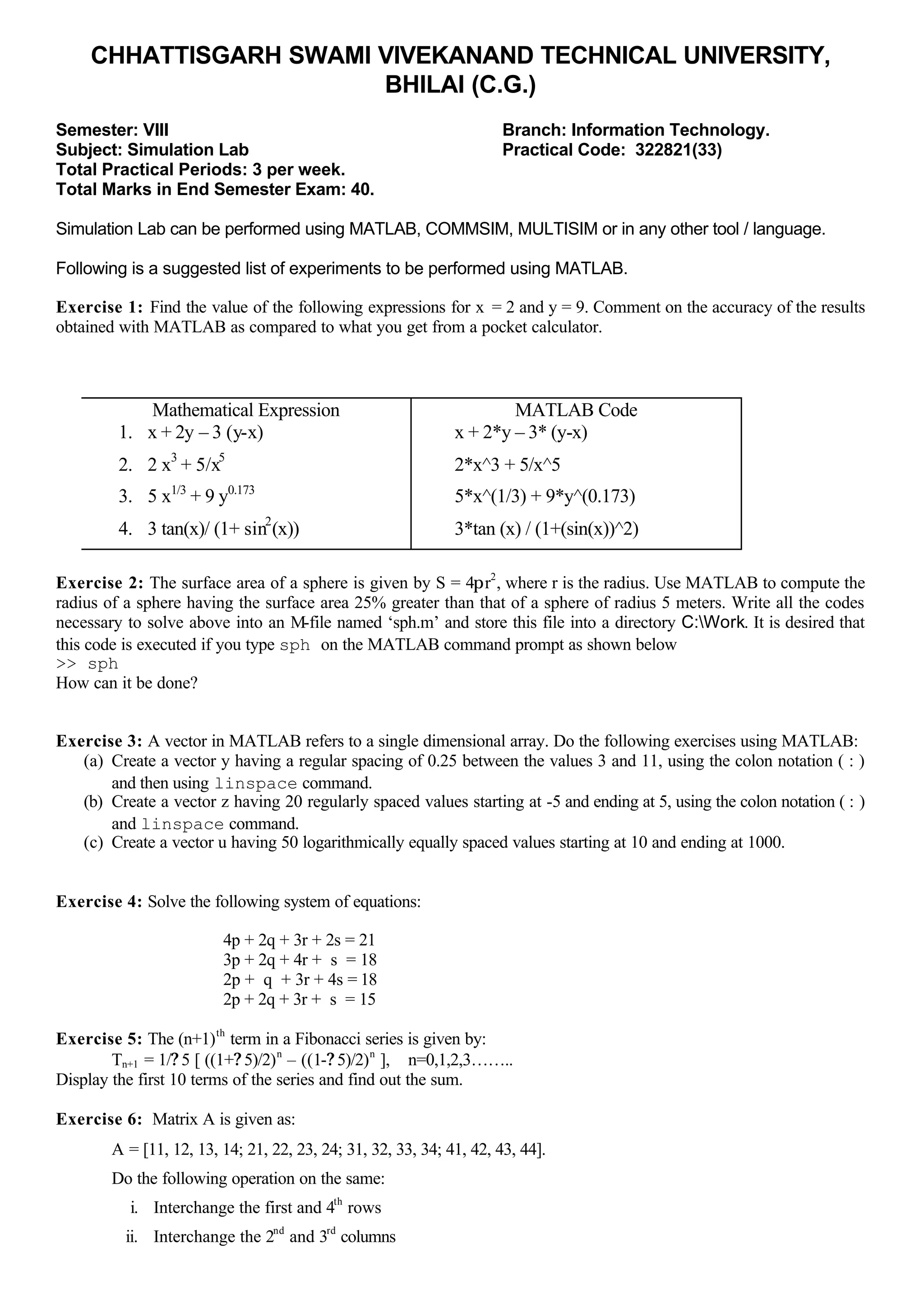 CHHATTISGARH SWAMI VIVEKANAND TECHNICAL UNIVERSITY,
BHILAI (C.G.)
Semester: VIII Branch: Information Technology.
Subject: Simulation Lab Practical Code: 322821(33)
Total Practical Periods: 3 per week.
Total Marks in End Semester Exam: 40.
Simulation Lab can be performed using MATLAB, COMMSIM, MULTISIM or in any other tool / language.
Following is a suggested list of experiments to be performed using MATLAB.
Exercise 1: Find the value of the following expressions for x = 2 and y = 9. Comment on the accuracy of the results
obtained with MATLAB as compared to what you get from a pocket calculator.
Mathematical Expression MATLAB Code
1. x + 2y – 3 (y-x)
2. 2 x3
+ 5/x5
3. 5 x1/3
+ 9 y0.173
4. 3 tan(x)/ (1+ sin2
(x))
x + 2*y – 3* (y-x)
2*x^3 + 5/x^5
5*x^(1/3) + 9*y^(0.173)
3*tan (x) / (1+(sin(x))^2)
Exercise 2: The surface area of a sphere is given by S = 4pr2
, where r is the radius. Use MATLAB to compute the
radius of a sphere having the surface area 25% greater than that of a sphere of radius 5 meters. Write all the codes
necessary to solve above into an M-file named ‘sph.m’ and store this file into a directory C:Work. It is desired that
this code is executed if you type sph on the MATLAB command prompt as shown below
>> sph
How can it be done?
Exercise 3: A vector in MATLAB refers to a single dimensional array. Do the following exercises using MATLAB:
(a) Create a vector y having a regular spacing of 0.25 between the values 3 and 11, using the colon notation ( : )
and then using linspace command.
(b) Create a vector z having 20 regularly spaced values starting at -5 and ending at 5, using the colon notation ( : )
and linspace command.
(c) Create a vector u having 50 logarithmically equally spaced values starting at 10 and ending at 1000.
Exercise 4: Solve the following system of equations:
4p + 2q + 3r + 2s = 21
3p + 2q + 4r + s = 18
2p + q + 3r + 4s = 18
2p + 2q + 3r + s = 15
Exercise 5: The (n+1)th
term in a Fibonacci series is given by:
Tn+1 = 1/? 5 [ ((1+? 5)/2)n
– ((1-? 5)/2)n
], n=0,1,2,3……..
Display the first 10 terms of the series and find out the sum.
Exercise 6: Matrix A is given as:
A = [11, 12, 13, 14; 21, 22, 23, 24; 31, 32, 33, 34; 41, 42, 43, 44].
Do the following operation on the same:
i. Interchange the first and 4th
rows
ii. Interchange the 2nd
and 3rd
columns
 