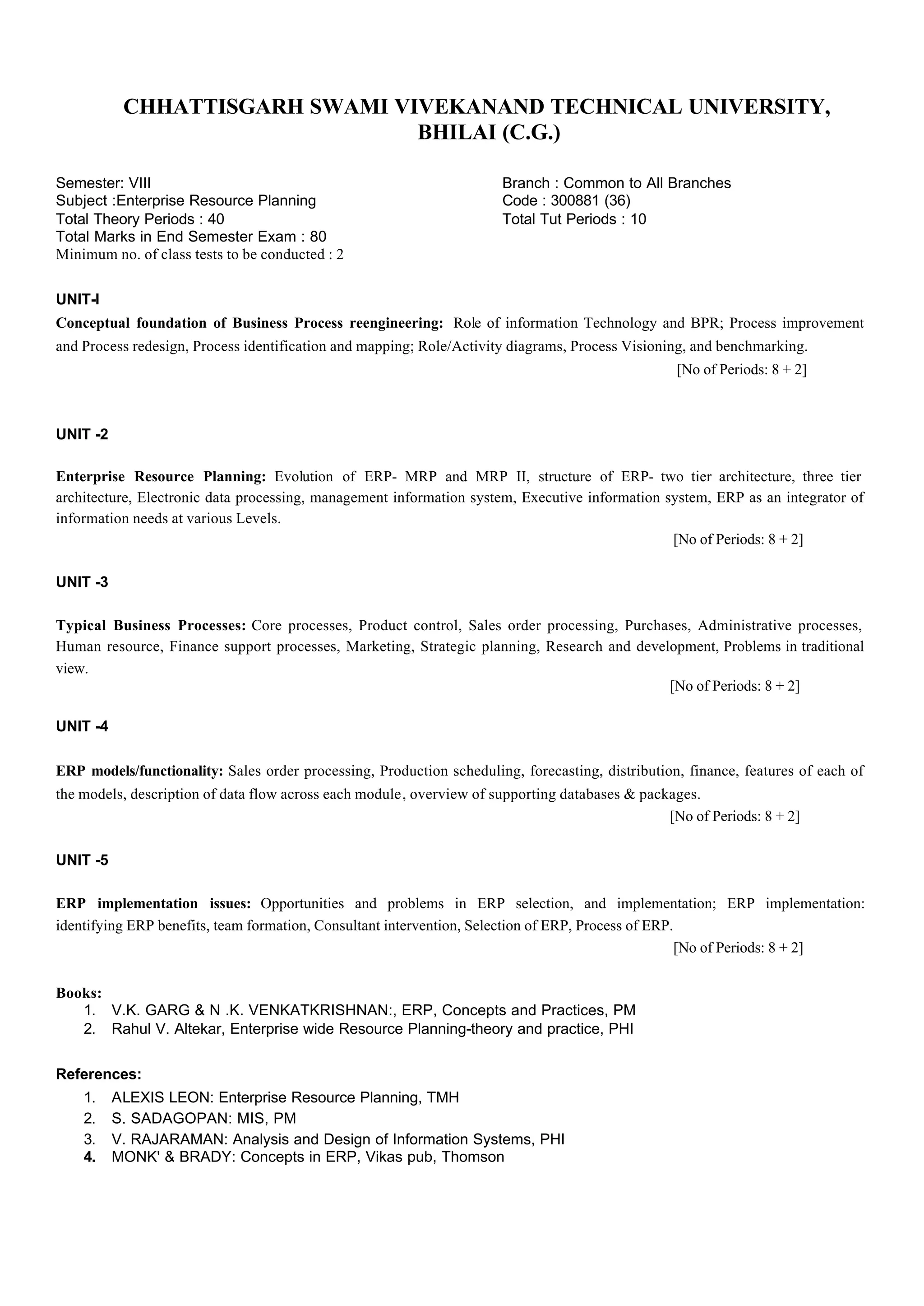 CHHATTISGARH SWAMI VIVEKANAND TECHNICAL UNIVERSITY,
BHILAI (C.G.)
Semester: VIII Branch : Common to All Branches
Subject :Enterprise Resource Planning Code : 300881 (36)
Total Theory Periods : 40 Total Tut Periods : 10
Total Marks in End Semester Exam : 80
Minimum no. of class tests to be conducted : 2
UNIT-l
Conceptual foundation of Business Process reengineering: Role of information Technology and BPR; Process improvement
and Process redesign, Process identification and mapping; Role/Activity diagrams, Process Visioning, and benchmarking.
[No of Periods: 8 + 2]
UNIT -2
Enterprise Resource Planning: Evolution of ERP- MRP and MRP II, structure of ERP- two tier architecture, three tier
architecture, Electronic data processing, management information system, Executive information system, ERP as an integrator of
information needs at various Levels.
[No of Periods: 8 + 2]
UNIT -3
Typical Business Processes: Core processes, Product control, Sales order processing, Purchases, Administrative processes,
Human resource, Finance support processes, Marketing, Strategic planning, Research and development, Problems in traditional
view.
[No of Periods: 8 + 2]
UNIT -4
ERP models/functionality: Sales order processing, Production scheduling, forecasting, distribution, finance, features of each of
the models, description of data flow across each module, overview of supporting databases & packages.
[No of Periods: 8 + 2]
UNIT -5
ERP implementation issues: Opportunities and problems in ERP selection, and implementation; ERP implementation:
identifying ERP benefits, team formation, Consultant intervention, Selection of ERP, Process of ERP.
[No of Periods: 8 + 2]
Books:
1. V.K. GARG & N .K. VENKATKRISHNAN:, ERP, Concepts and Practices, PM
2. Rahul V. Altekar, Enterprise wide Resource Planning-theory and practice, PHI
References:
1. ALEXIS LEON: Enterprise Resource Planning, TMH
2. S. SADAGOPAN: MIS, PM
3. V. RAJARAMAN: Analysis and Design of Information Systems, PHI
4. MONK' & BRADY: Concepts in ERP, Vikas pub, Thomson
 