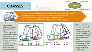 CHASSIS
The structural framework of the ATV, designed to protect the driver during
rollovers or impacts and provide a foundation for mounting other
components like the suspension, engine, and body panels.
It is crucial for the vehicle’s overall safety and structural integrity
CHASSIS
ROLL CAGE
NAMED POINTS
FRAME
MEMBER
• Main structural
components that form
the core of the roll
cage.
• They are responsible
for the overall strength
and integrity of the
structure, especially in
the event of a rollover
or collision.
• They must be designed
and positioned to
provide maximum
protection to the driver.
• These components
provide additional
support and
reinforcement to the
primary members but
are not as critical in
absorbing impact
forces.
• Enhance the rigidity
and stability of the
overall structure and
help mount other
components.
 