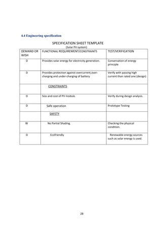 28
4.4 Engineering specification
SPECIFICATION SHEET TEMPLATE
(Solar PV system)
DEMAND OR
WISH
FUNCTIONAL REQUIREMENT/CONSTRAINTS TEST/VERIFICATION
D Provides solar energy for electricity generation. Conservation of energy
principle
D Provides protection against overcurrent,over-
charging and under-charging of battery
Verify with passing high
current than rated one.(design)
CONSTRAINTS
D Size and cost of PV module. Verify during design analysis.
D Safe operation Prototype Testing
SAFETY
W No Partial Shading. Checking the physical
condition.
D Ecofriendly Renewable energy sources
such as solar energy is used.
 