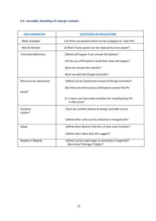 37
6.4. Assembly sketching of concept variants
IDEA GENERATOR QUESTIONS OR APPLICATIONS
Make analogies 1 )Is there any product which can be analogous to Solar PV?
Wish & Wonder 2) What if Solar power Can be replaced by lunar power?
Eliminate &Minimize 1)What will happen if we remove the Battery?
2)If the size of PV panel is Small then what will happen?
3)Can we remove the inverter?
4)Can we split the Charge Controller?
What Can be substituted 1)What Can be Substituted instead of Charge Controller?
2)Is there any other process followed to protect the PV
panel?
3) Is there any favourable condition for installing Solar PV
in hilly areas?
Combine 1)Can we combine battery & charge controller to one
system?
2)What other units can be combined or merged with?
Adapt 1)What other device is like this i.e have same function?
2)What other ideas does this suggest?
Modify or Magnify 1)What can be made larger or extended or magnified?
More time? Stronger? Higher?
 