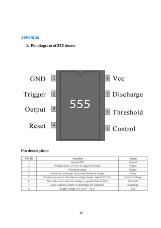82
APPENDIX
1. Pin diagram of 555 timer:
Pin description:
 