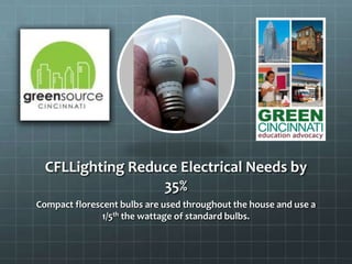 CFLLighting Reduce Electrical Needs by
35%
Compact florescent bulbs are used throughout the house and use a
1/5th the wattage of standard bulbs.
 