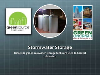 Stormwater Storage
Three 250 gallon rainwater storage tanks are used to harvest
rainwater.
 