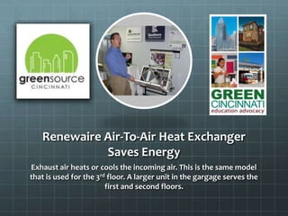 Renewaire Air-To-Air Heat Exchanger
Saves Energy
Exhaust air heats or cools the incoming air. This is the same model
that is used for the 3rd floor. A larger unit in the gargage serves the
first and second floors.
 