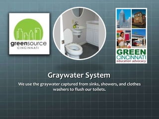 Graywater System
We use the graywater captured from sinks, showers, and clothes
washers to flush our toilets.
 