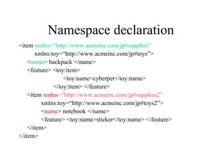 Namespace declaration
<item xmlns=“http://www.acmeinc.com/jp#supplies”
xmlns:toy=“http://www.acmeinc.com/jp#toys”>
<name> backpack </name>
<feature> <toy:item>
<toy:name>cyberpet</toy:name>
</toy:item> </feature>
<item xmlns=“http://www.acmeinc.com/jp#supplies2”
xmlns:toy=“http://www.acmeinc.com/jp#toys2”>
<name> notebook </name>
<feature> <toy:name>sticker</toy:name> </feature>
</item>
</item>
 