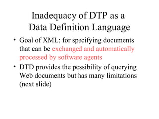 Inadequacy of DTP as a
Data Definition Language
• Goal of XML: for specifying documents
that can be exchanged and automatically
processed by software agents
• DTD provides the possibility of querying
Web documents but has many limitations
(next slide)
 