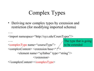 Complex Types
• Deriving new complex types by extension and
restriction (for modifying imported schema)
….
<import namespace=“http://xyz.edu/CoursTypes”/>
…..
<complexType name=“courseType”>
<complexContent> <extension base=“..”>
<element name=“syllabus” type=“string”/>
</extension>
</complexContent></complexType>
The type that is going
to be extended
 
