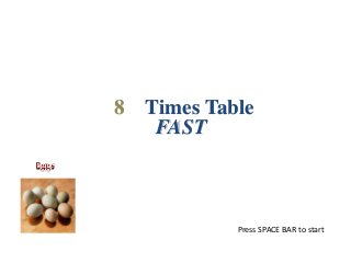 8 Times Table
   FAST



           Press SPACE BAR to start
 
