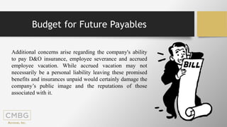 Additional concerns arise regarding the company's ability
to pay D&O insurance, employee severance and accrued
employee vacation. While accrued vacation may not
necessarily be a personal liability leaving these promised
benefits and insurances unpaid would certainly damage the
company’s public image and the reputations of those
associated with it.
Budget for Future Payables
 
