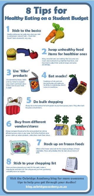 8 Tips for
Healthy Eating on a Student Budget
1 Stick to the basics
Healthy eating can be really easy when you stick
to eating basic, natural foods – foods that
haven’t been processed in any way.
Use ‘filler’
products
Use canned/raw beans, lentils
and soy ‘mince’ to expand
your meal’s nutritional value
and to save on your meat
budget!
Eat snacks!
Snacking on fruits and nuts
during the day will make you
less likely to overindulge when it
comes to meal times.
5 Do bulk shopping
Always be on the lookout for bulk specials at your local grocery stores. They often slash
the prices on bulk items,
Buy from different
vendors/stores
Always compare the prices for the same products by visiting
different grocery stores in your area. You’ll often find that some
grocers mark up certain products, while others mark them down.
7 Stock up on frozen foods
When in the freezer aisle, look for the largest packages of frozen
vegetables. These will probably offer the best value in terms of
price.
8 Stick to your shopping list
Once you have planned your meals for the week, make a
shopping list and stick to it! This will prevent you from purchasing
unhealthy items on impulse.
Swap unhealthy food
items for healthier ones
Many manufacturers are realising that consumers are
much more inclined to buy healthier food items, and
have had to adjust their product ranges and prices
accordingly.
Visit the Oxbridge Academy blog for more awesome
tips to help you get through your studies!
blog.oxbridgeacademy.co.za
8 Tips for
Healthy Eating on a Student Budget
2
43
6
 