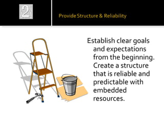 <ul><li>Establish clear goals and expectations from the beginning.  Create a structure that is reliable and predictable wi...