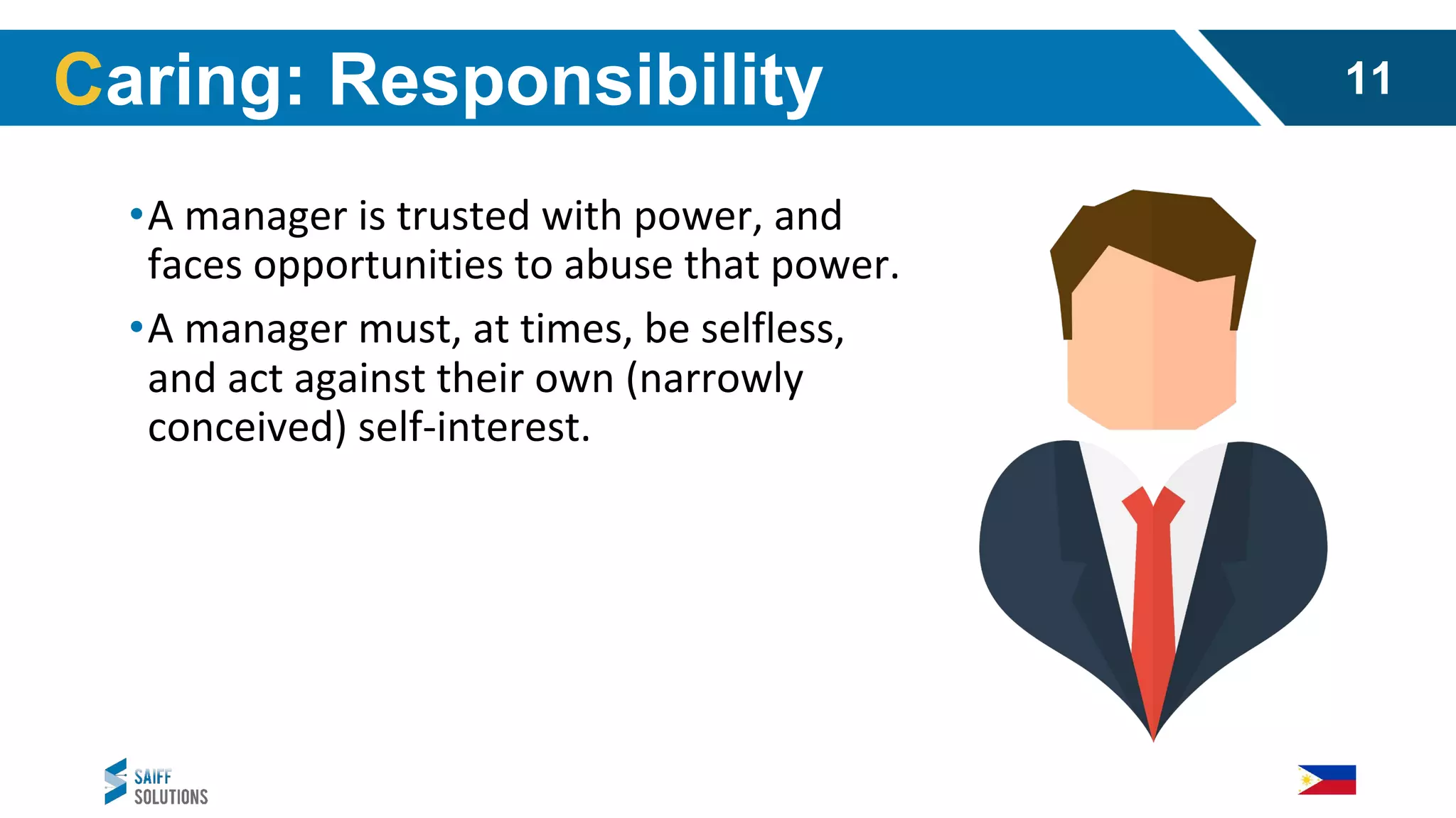 •A manager is trusted with power, and
faces opportunities to abuse that power.
•A manager must, at times, be selfless,
and act against their own (narrowly
conceived) self-interest.
Caring: Responsibility 11
 