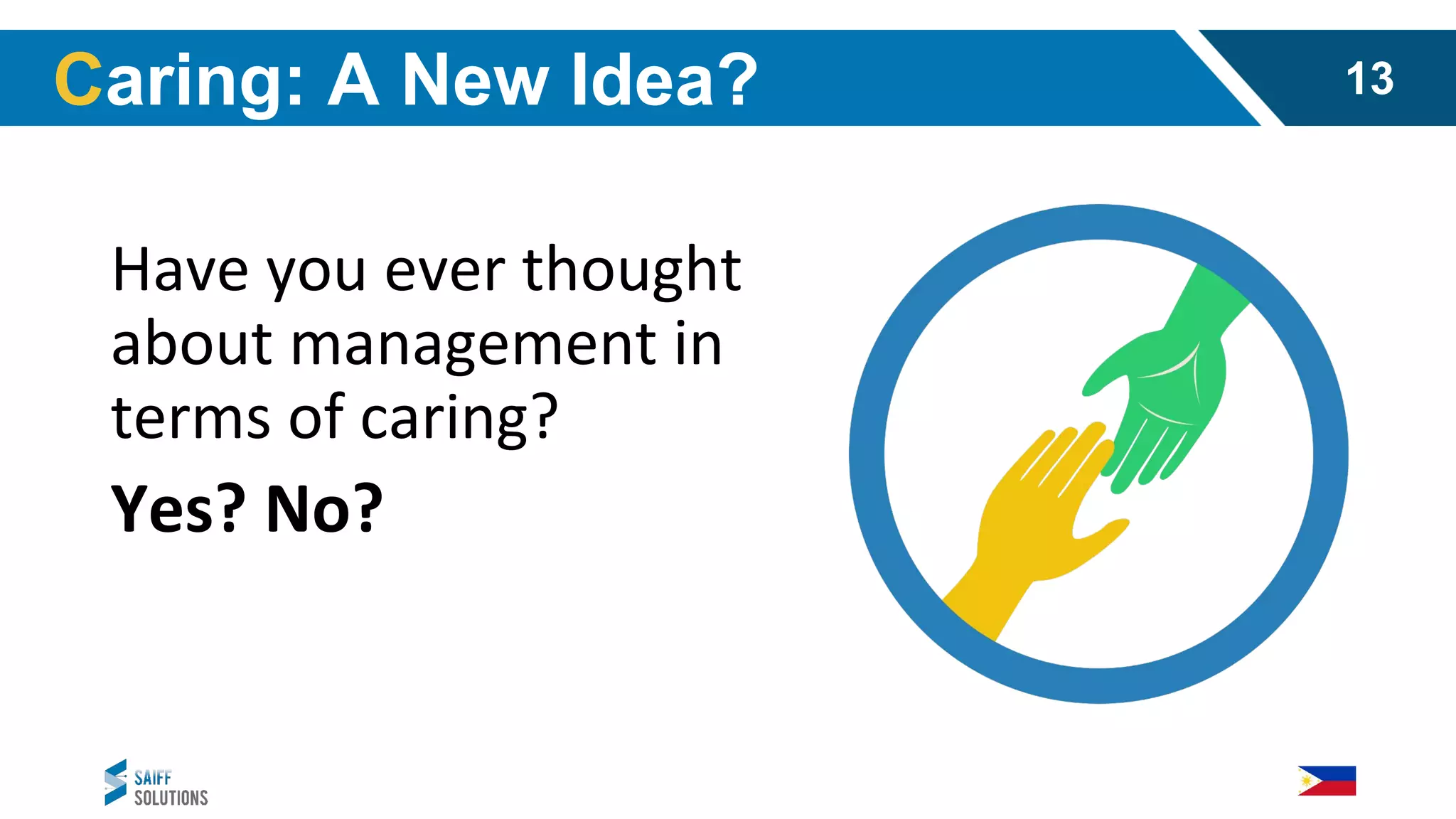 Have you ever thought
about management in
terms of caring?
Yes? No?
Caring: A New Idea? 13
 