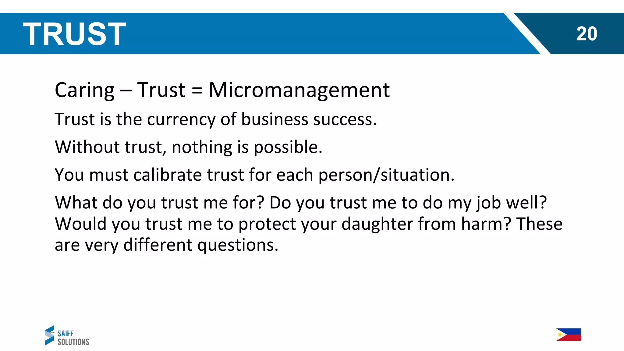 Caring – Trust = Micromanagement
Trust is the currency of business success.
Without trust, nothing is possible.
You must calibrate trust for each person/situation.
What do you trust me for? Do you trust me to do my job well?
Would you trust me to protect your daughter from harm? These
are very different questions.
TRUST 20
 