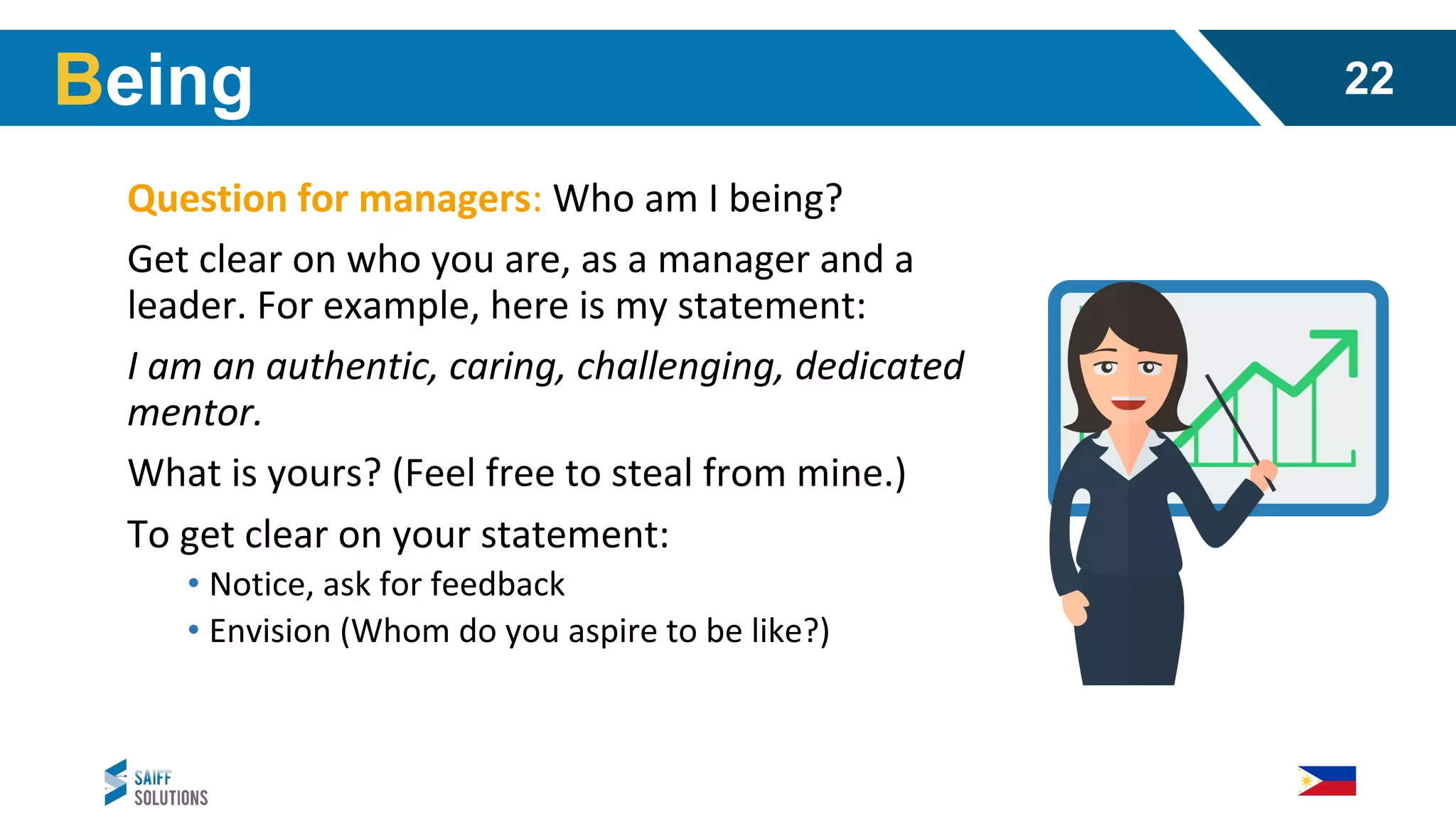 Question for managers: Who am I being?
Get clear on who you are, as a manager and a
leader. For example, here is my statement:
I am an authentic, caring, challenging, dedicated
mentor.
What is yours? (Feel free to steal from mine.)
To get clear on your statement:
• Notice, ask for feedback
• Envision (Whom do you aspire to be like?)
Being 22
 