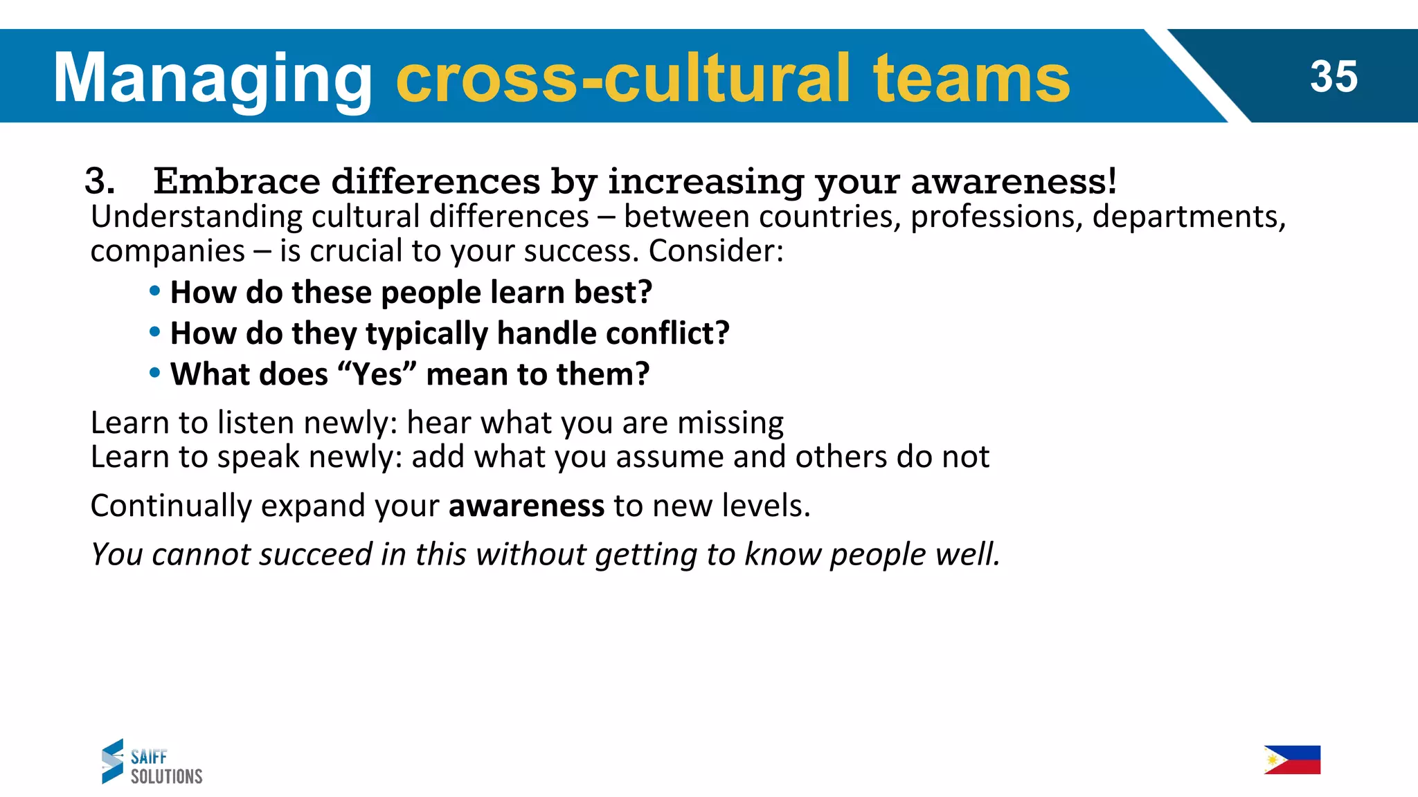 3. Embrace differences by increasing your awareness!
Understanding cultural differences – between countries, professions, departments,
companies – is crucial to your success. Consider:
• How do these people learn best?
• How do they typically handle conflict?
• What does “Yes” mean to them?
Learn to listen newly: hear what you are missing
Learn to speak newly: add what you assume and others do not
Continually expand your awareness to new levels.
You cannot succeed in this without getting to know people well.
Managing cross-cultural teams 35
 