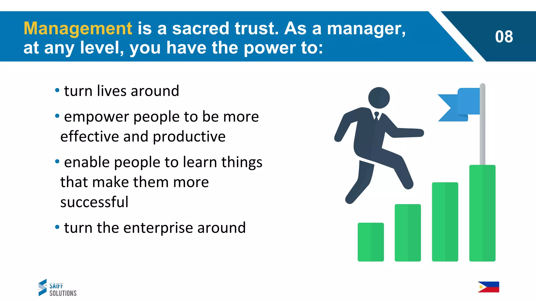 • turn lives around
• empower people to be more
effective and productive
• enable people to learn things
that make them more
successful
• turn the enterprise around
Management is a sacred trust. As a manager,
at any level, you have the power to:
08
 