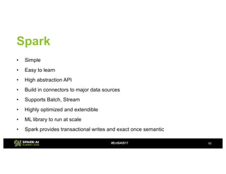 Spark
• Simple
• Easy to learn
• High abstraction API
• Build in connectors to major data sources
• Supports Batch, Stream...