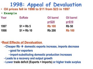 1998: Appeal of Devaluation Oil prices fell in 1998 to $11 from $23 in 1997 Example Year ExRate Oil barrel Oil barrel  p=$20 p=$10 1997 $1 = Rb 5 Rb 100 Rb 50 1998 $1 = Rb 10 Rb 200 Rb 100 Real Effects of Devaluation  Cheaper Rb    domestic exports increase, imports decrease good for exporters  import-substituting domestic production increases Leads to a recovery and output growth  Lower  trade deficit ( Exports < Imports)  or higher trade surplus 