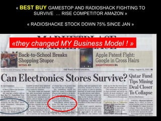 « BEST BUY GAMESTOP AND RADIOSHACK FIGHTING TO 
SURVIVE … RISE COMPETITOR AMAZON » 
« RADIOSHACKE STOCK DOWN 75% SINCE JAN » 
«they changed MY Business Model ! » 
Copyright Innocherche 2012 pg 11 
 