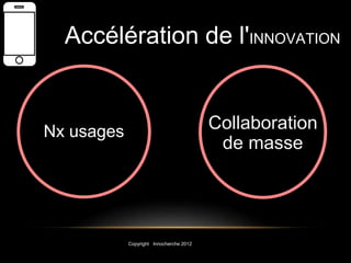 Accélération de l'INNOVATION 
Collaboration 
de masse 
Nx usages 
Copyright Innocherche 2012 
 