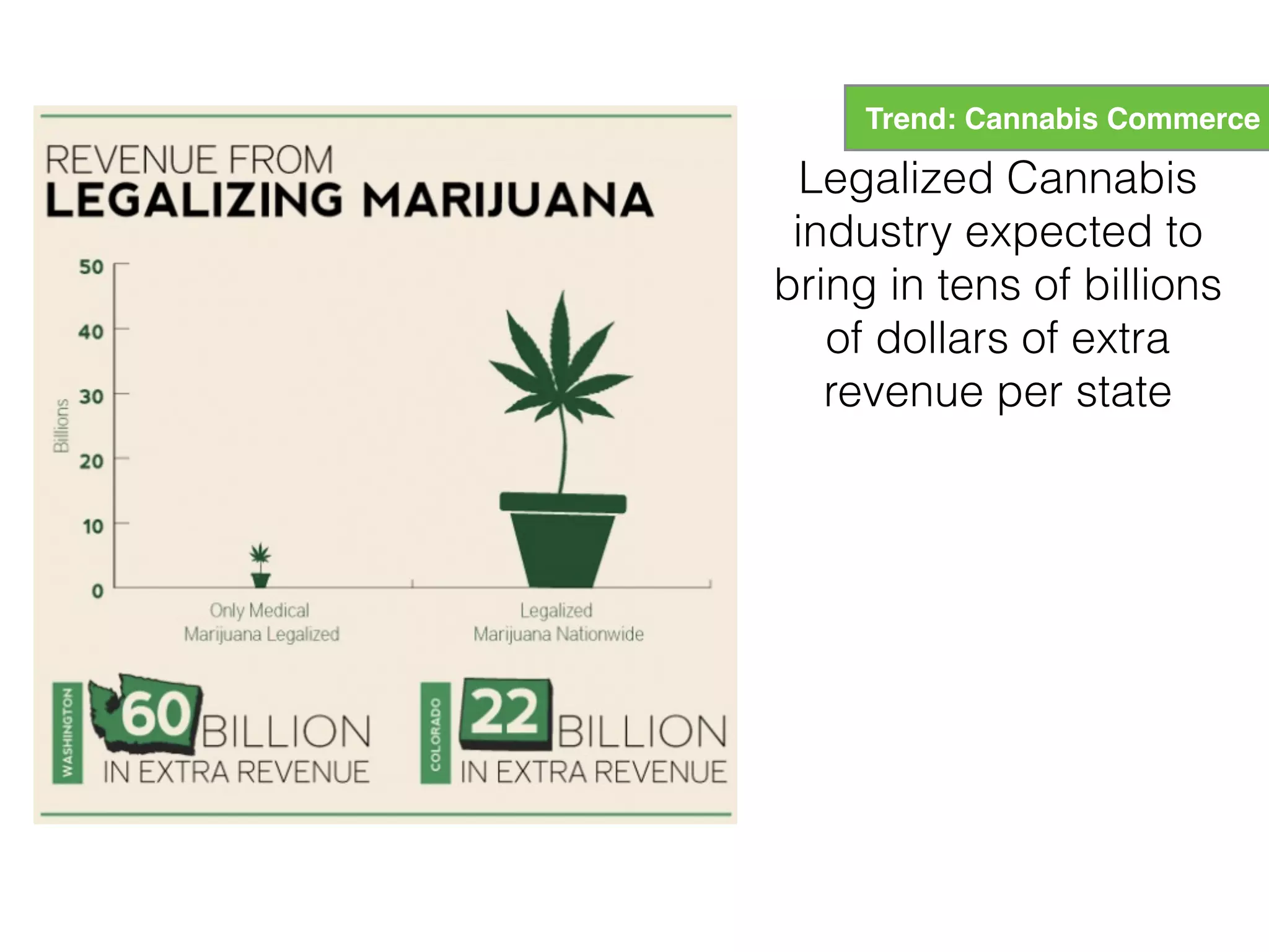 Legalized Cannabis
industry expected to
bring in tens of billions
of dollars of extra
revenue per state
Trend: Cannabis Commerce
 