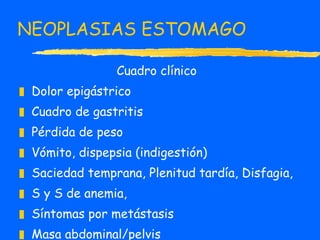 NEOPLASIAS ESTOMAGO Cuadro clínico  Dolor epigástrico Cuadro de gastritis Pérdida de peso Vómito, dispepsia (indigestión)  Saciedad temprana, Plenitud tardía, Disfagia,  S y S de anemia,  Síntomas por metástasis Masa abdominal/pelvis 