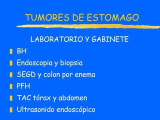 TUMORES DE ESTOMAGO LABORATORIO Y GABINETE BH Endoscopia y biopsia SEGD y colon por enema PFH TAC tórax y abdomen Ultrasonido endoscópico 